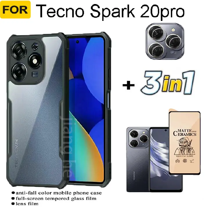 3 in1 Fo r Tecno Spark 20pro  shockproof phone case +  frosted ceramic screen protector + camera lens glass screen protec