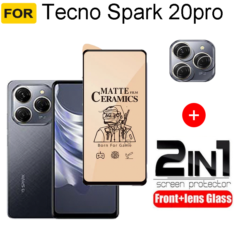 3 in1 Fo r Tecno Spark 20pro  shockproof phone case +  frosted ceramic screen protector + camera lens glass screen protec
