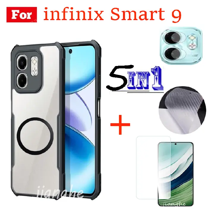 5 in1 For Infinix Smart 9   shockproof phone case + Magnetic wireless charging sticker + Full-coverage  high-definition tempered film glass screen protector + camera lens+ back film