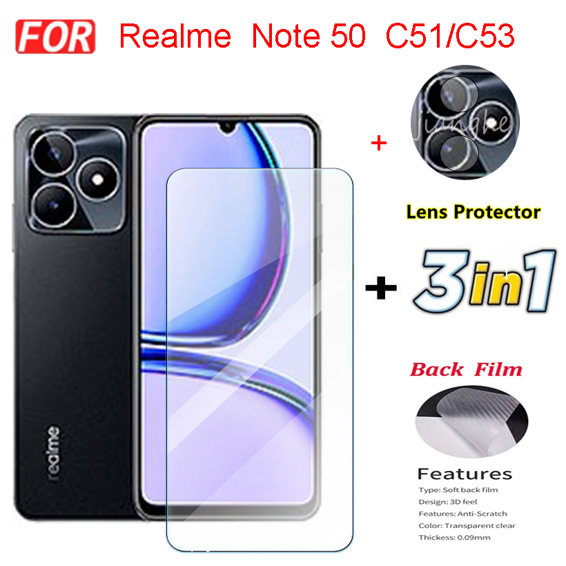 3 in1  For Realme C51 C53 C55 C61 C63 C65 Note 50   Full screen tempered glass film+ Camera Lens film+Back film
