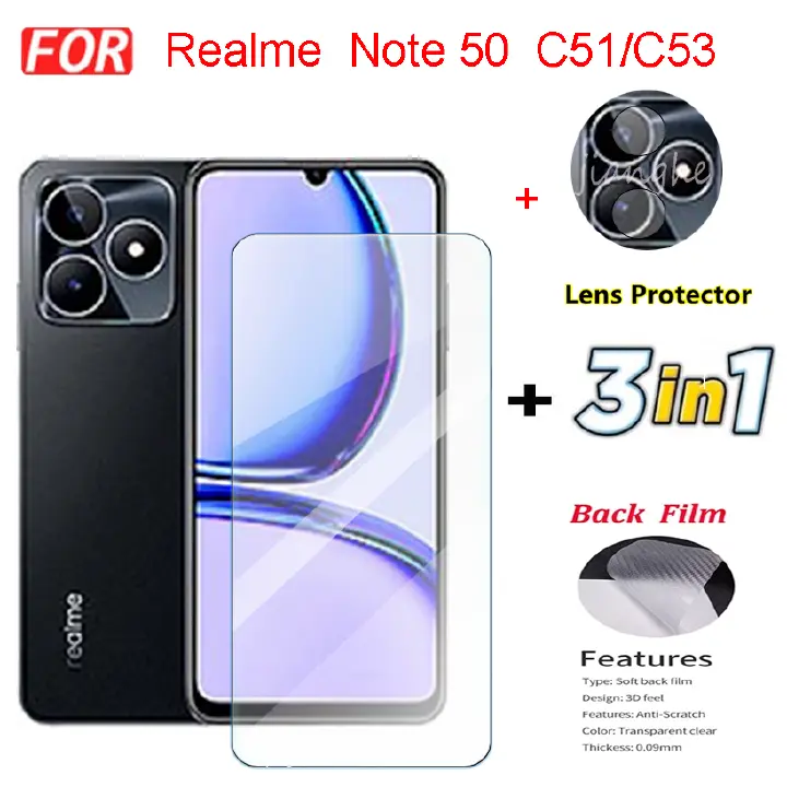 3 in1  For Realme C51 C53 C55 C61 C63 C65 Note 50   Full screen tempered glass film+ Camera Lens film+Back film
