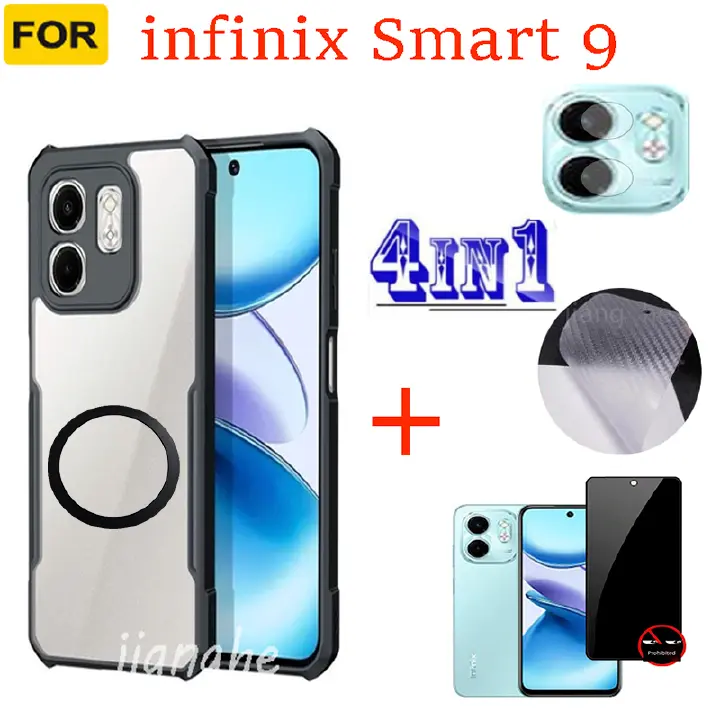 4 in1 For infinx Smart 9  shockproof phone case + Magnetic wireless charging sticker +  privacy tempered glass + camera lens glass screen protecto