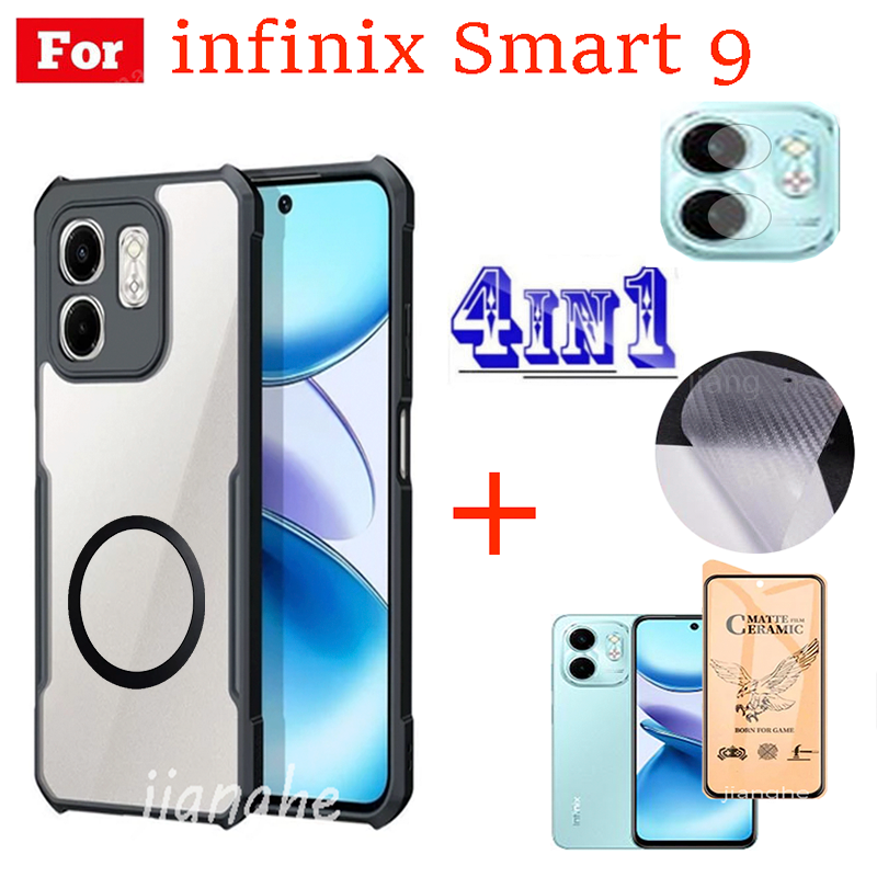 4 in1 For infinx Smart 9  shockproof phone case + Magnetic wireless charging sticker +  privacy tempered glass + camera lens glass screen protecto