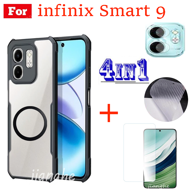 4 in1 For infinx Smart 9  shockproof phone case + Magnetic wireless charging sticker +  privacy tempered glass + camera lens glass screen protecto