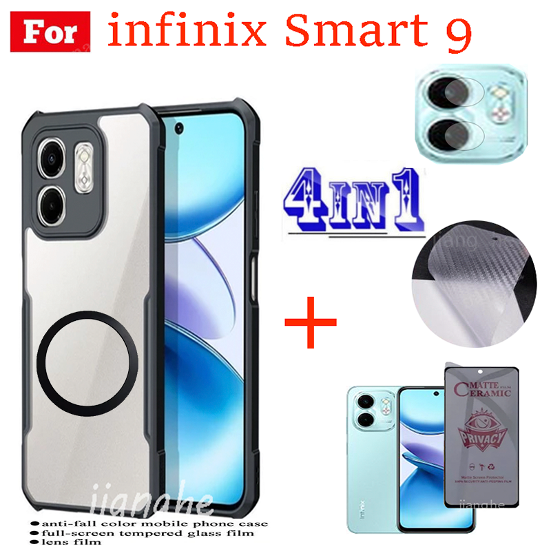 4 in1 For infinx Smart 9  shockproof phone case + Magnetic wireless charging sticker +  privacy tempered glass + camera lens glass screen protecto