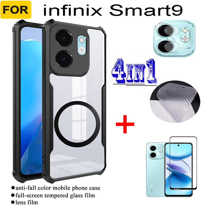 4 in1 For infinx Smart 9  shockproof phone case + Magnetic wireless charging sticker +  privacy tempered glass + camera lens glass screen protecto