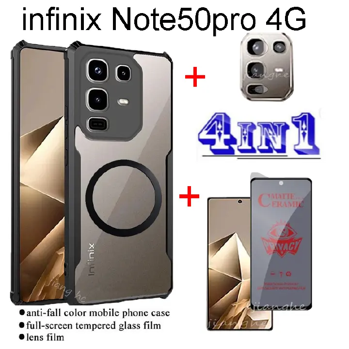 4 in1 For infinix Note 50pro 4G   Note50X  Note 50  Note 50pro+ Shockproof Phone Case +With Magnetic Wireless Charging Sticker +  Anti Spy Soft Ceramic Matte Screen Protector  + Camera Lens
