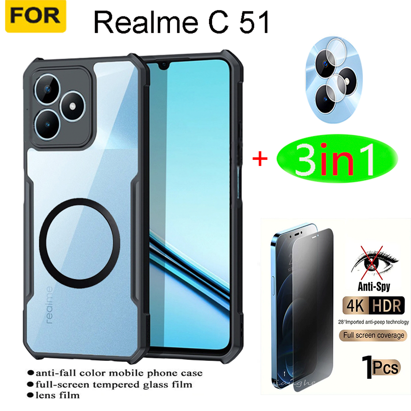 4 in 1 Realme C55 C75 C51 C53 C61  C63 C65 Shockproof Phone Case +With Magnetic Wireless Charging Sticker  + Lens film + back film