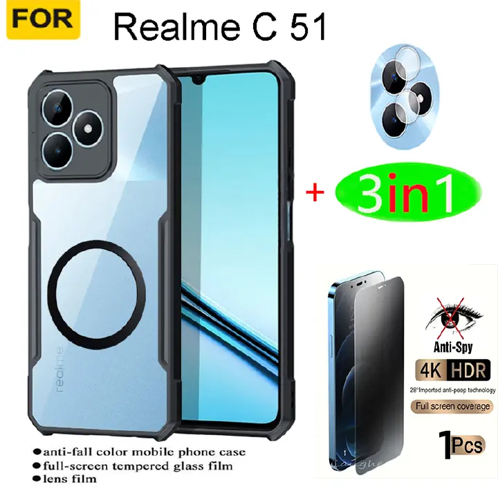 4 in 1 Realme C55 C75 C51 C53 C61  C63 C65 Shockproof Phone Case +With Magnetic Wireless Charging Sticker  + Lens film + back film