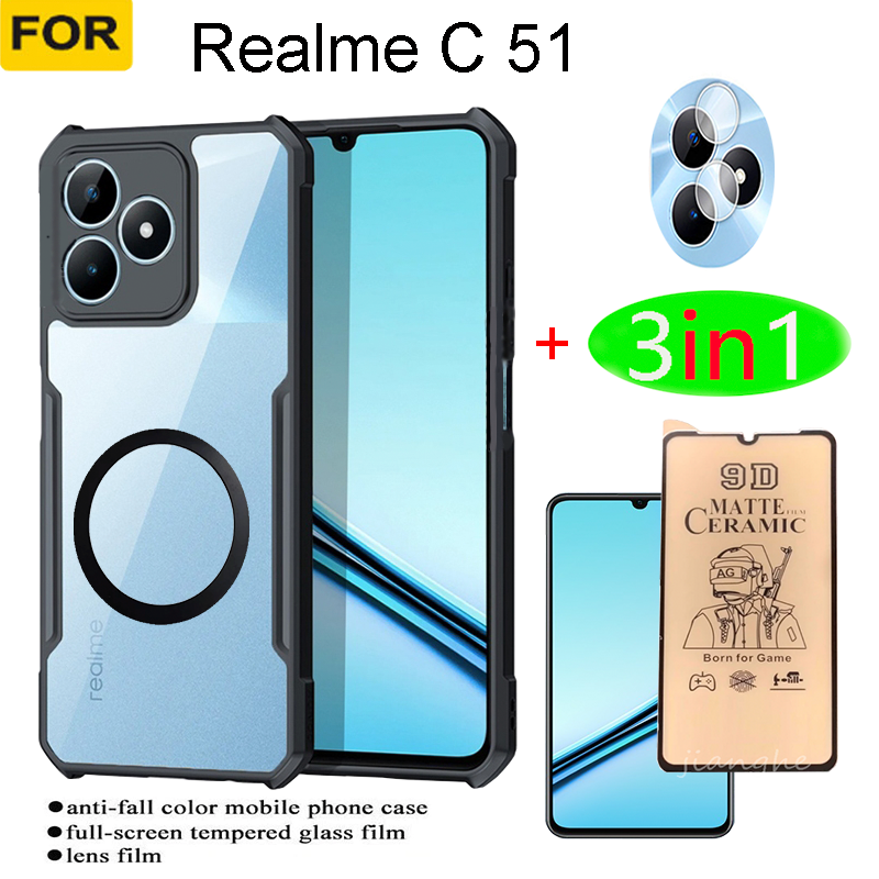 4 in 1 Realme C55 C75 C51 C53 C61  C63 C65 Shockproof Phone Case +With Magnetic Wireless Charging Sticker  + Lens film + back film