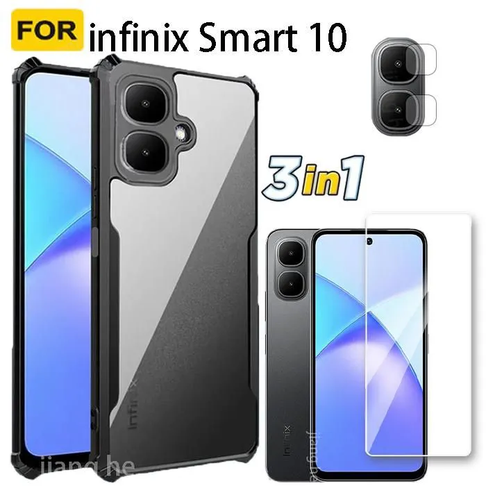 3-IN-1 For Infinix Smart 10 Screen Protector, phone case smart10 anti-drop protective case, Full-screen high-definition tempered glass film, lens film. Smart phone accessories