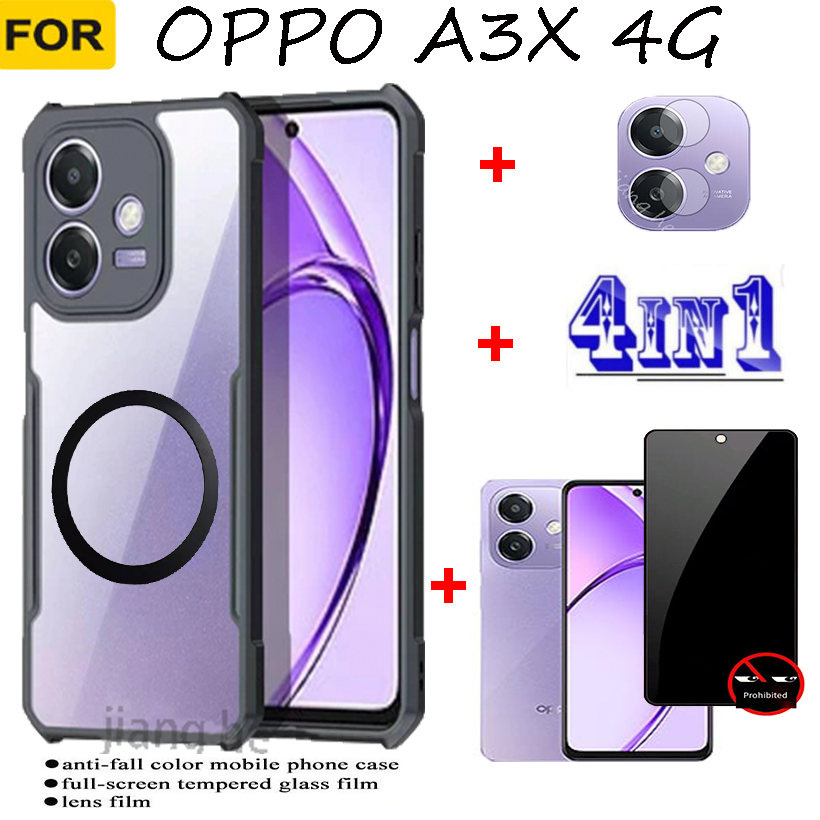 3 in 1 oppo A3X 4G  Shockproof Phone Case+ Anti-fingerprint privacy tempered glass + lens film