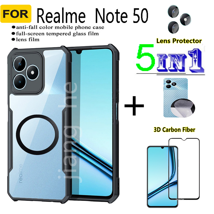 5 in1 For Realme Note 50 shockproof phone case + Magnetic wireless charging sticker +Anti Spy  Matte Privacy Tempered Glass + back film + camera lens glass screen protector