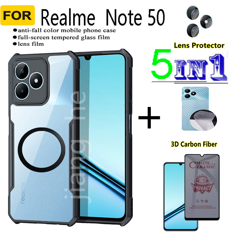 5 in1 For Realme Note 50 shockproof phone case + Magnetic wireless charging sticker +Anti Spy  Matte Privacy Tempered Glass + back film + camera lens glass screen protector