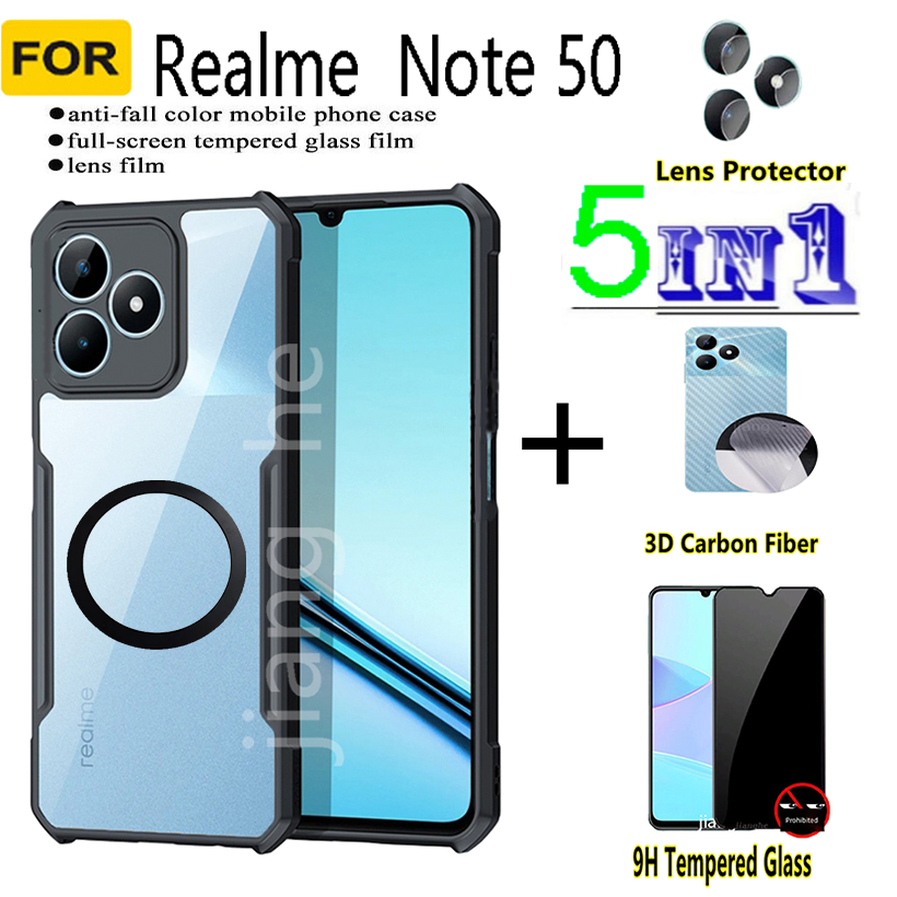 5 in1 For Realme Note 50 shockproof phone case + Magnetic wireless charging sticker +Anti Spy  Matte Privacy Tempered Glass + back film + camera lens glass screen protector
