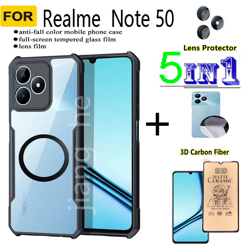 5 in1 For Realme Note 50 shockproof phone case + Magnetic wireless charging sticker +Anti Spy  Matte Privacy Tempered Glass + back film + camera lens glass screen protector