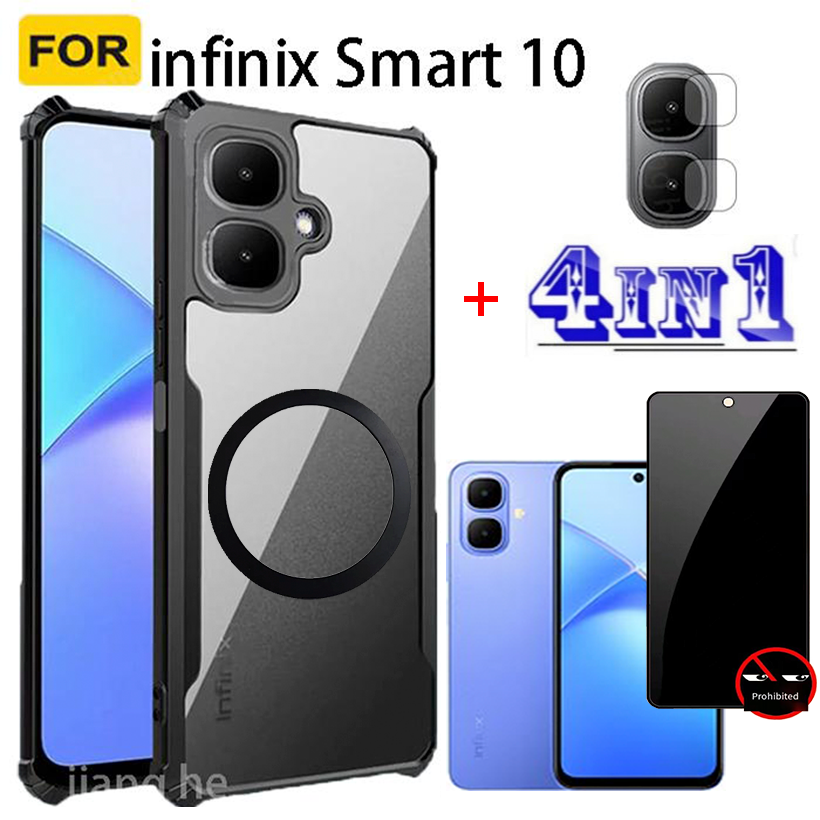 4 in1 For infinix Smart10 shockproof phone case + Magnetic wireless charging sticker +  privacy tempered glass + camera lens glass screen protecto Accessory Installation