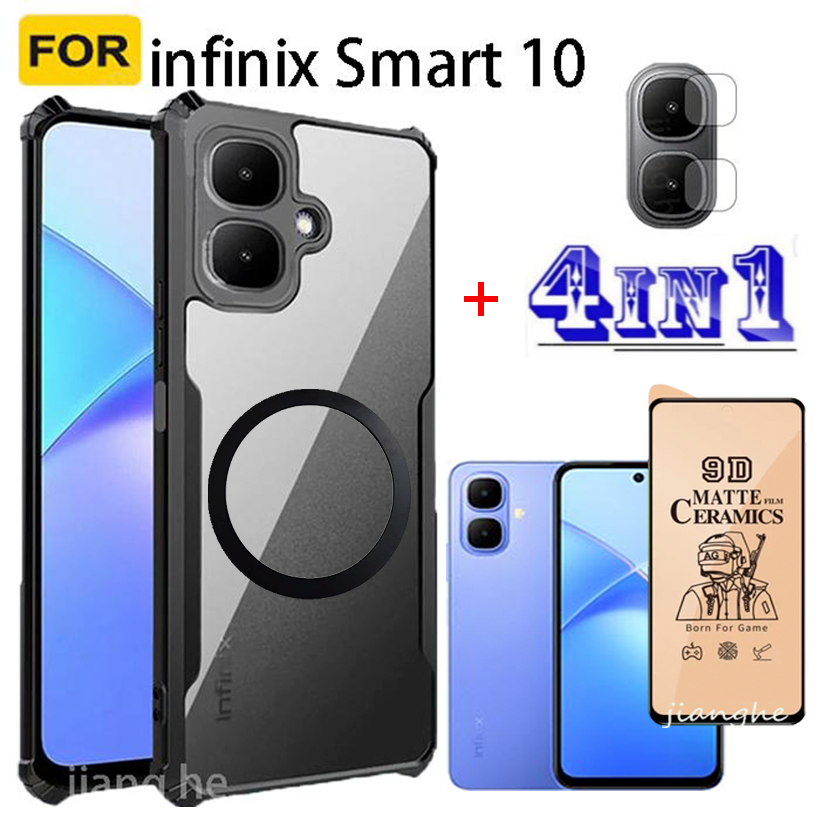 4 in1 For infinix Smart10 shockproof phone case + Magnetic wireless charging sticker +  privacy tempered glass + camera lens glass screen protecto Accessory Installation