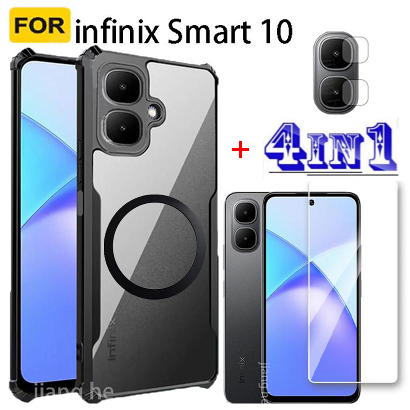 4 in1 For infinix Smart10 shockproof phone case + Magnetic wireless charging sticker +  privacy tempered glass + camera lens glass screen protecto Accessory Installation