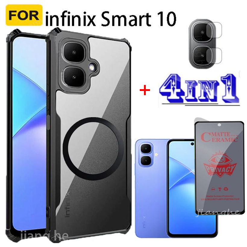 4 in1 For infinix Smart10 shockproof phone case + Magnetic wireless charging sticker +  privacy tempered glass + camera lens glass screen protecto Accessory Installation