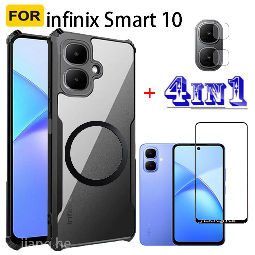 4 in1 For infinix Smart10 shockproof phone case + Magnetic wireless charging sticker +  privacy tempered glass + camera lens glass screen protecto Accessory Installation