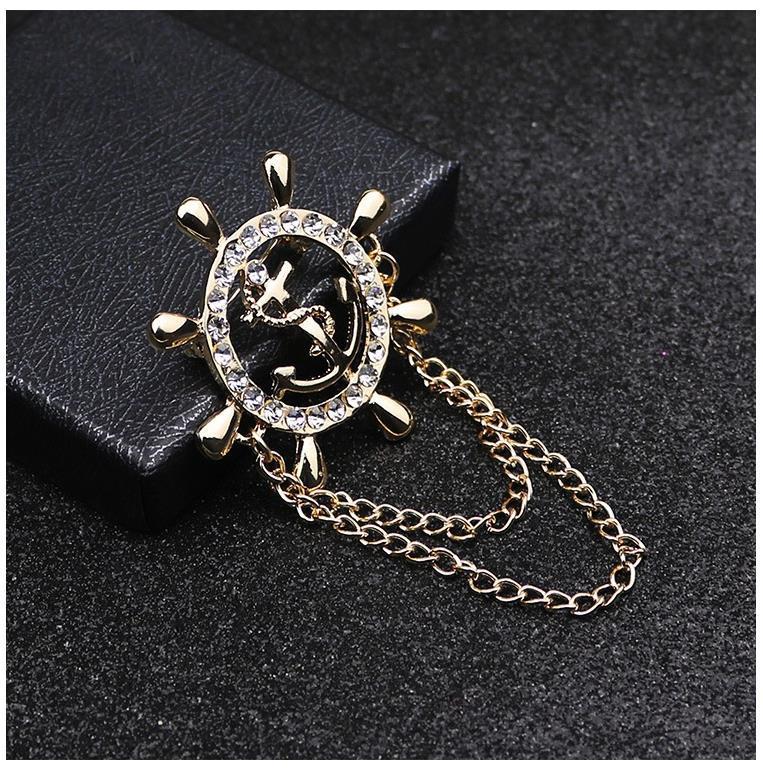 Golden Rudder Anchor Brooch Mens Suit Boutonniere Badge Korean Brooches for Men Lapel Pin Women Broches Chain Christmas A-31