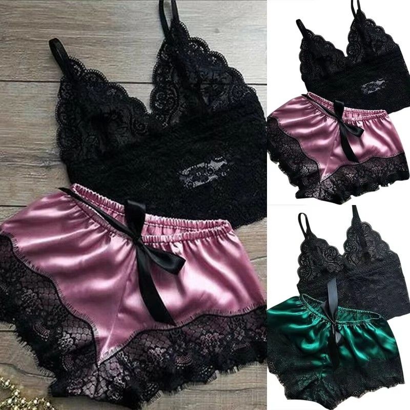 Womens Sexy Lace Sleepwear Lace Nachtkleding Lingerie Sleeveless V-Neck Babydoll Pajamas Set Lingerie Tops Shorts Set Nightwear