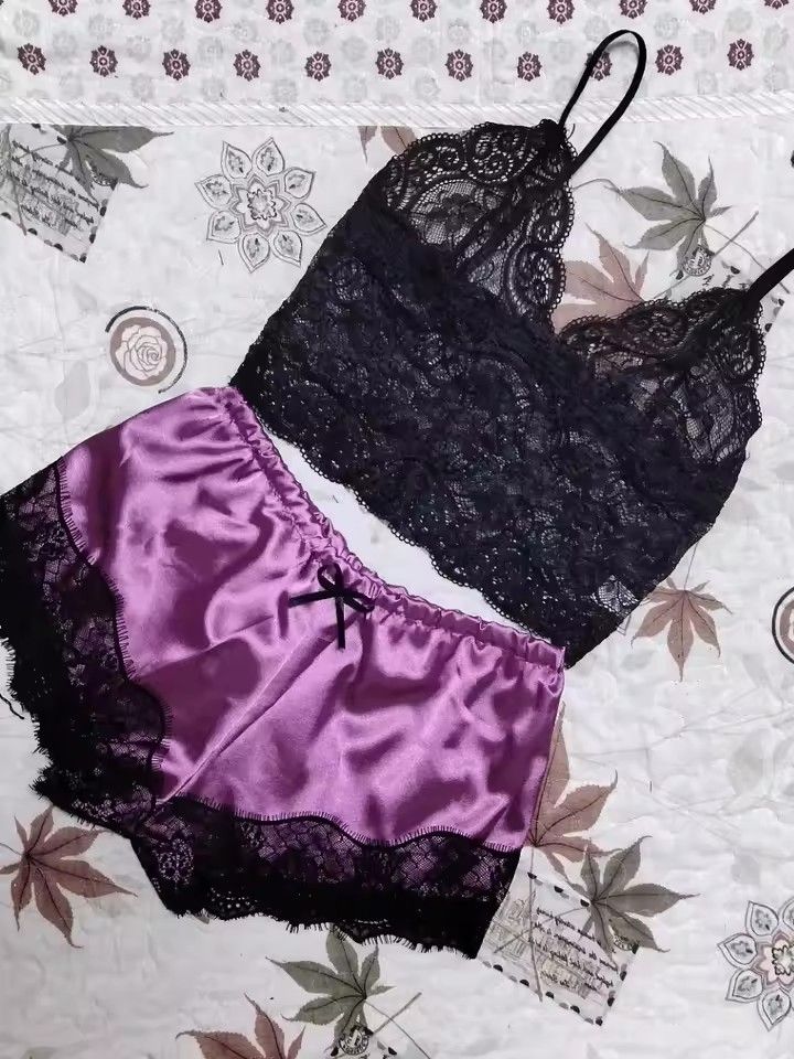 Womens Sexy Lace Sleepwear Lace Nachtkleding Lingerie Sleeveless V-Neck Babydoll Pajamas Set Lingerie Tops Shorts Set Nightwear