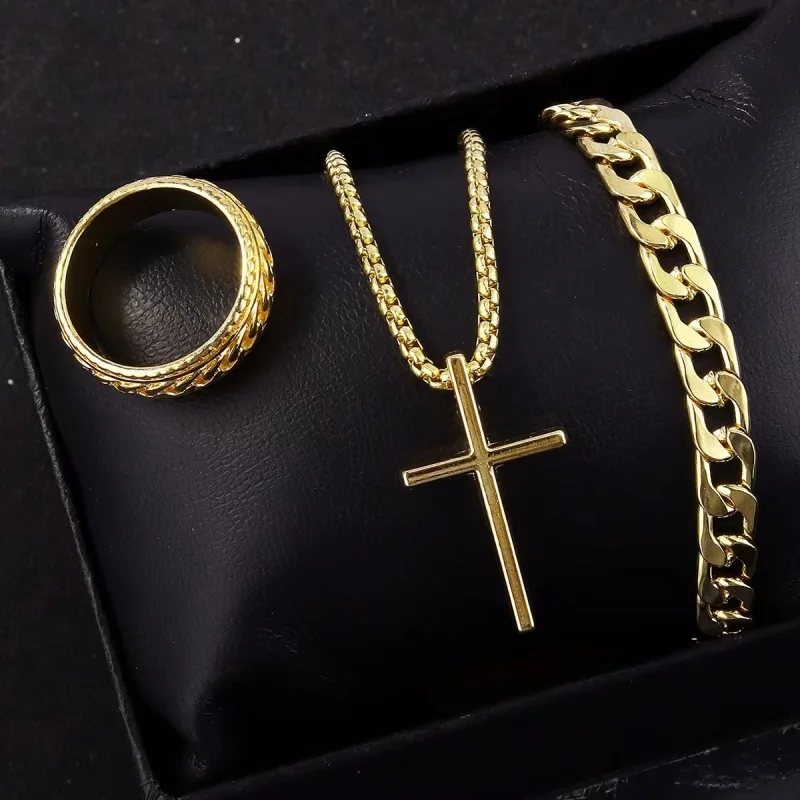 Fashion Punk Black Color Cross Pendant Necklace Bracelet Ring Set for Men Boys Hip Hop Stainless Steel Jewelry Set Party GiftsA-2030
