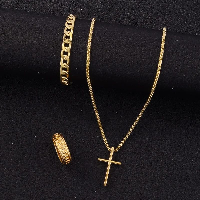 Fashion Punk Black Color Cross Pendant Necklace Bracelet Ring Set for Men Boys Hip Hop Stainless Steel Jewelry Set Party GiftsA-2030