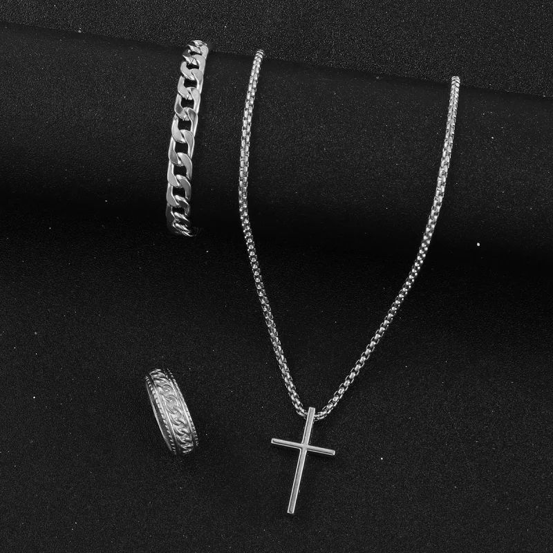 Fashion Punk Black Color Cross Pendant Necklace Bracelet Ring Set for Men Boys Hip Hop Stainless Steel Jewelry Set Party GiftsA-2030