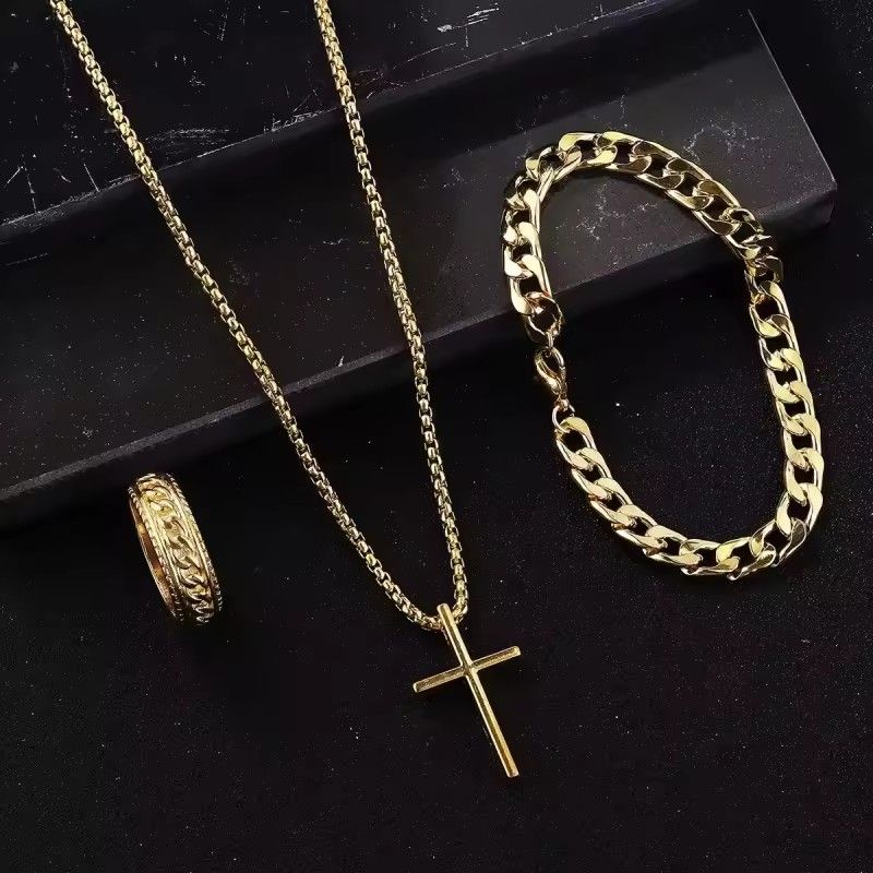 Fashion Punk Black Color Cross Pendant Necklace Bracelet Ring Set for Men Boys Hip Hop Stainless Steel Jewelry Set Party GiftsA-2030