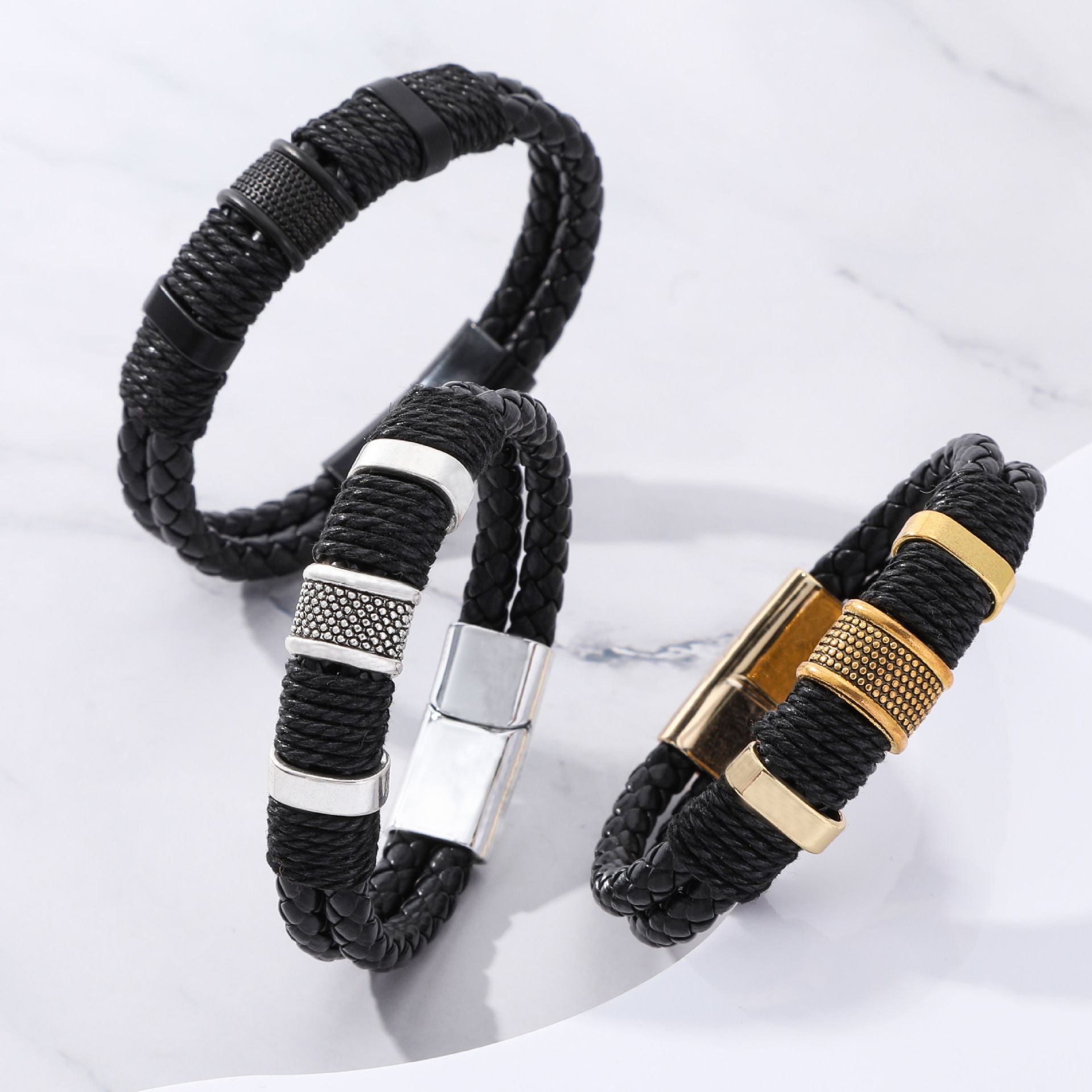 Vintage Woven Leather Rope Wrap Bracelets For Men Classic Stainless Steel Bangles Bracelets Punk Wristband Jewelry Male Gifts A-2023