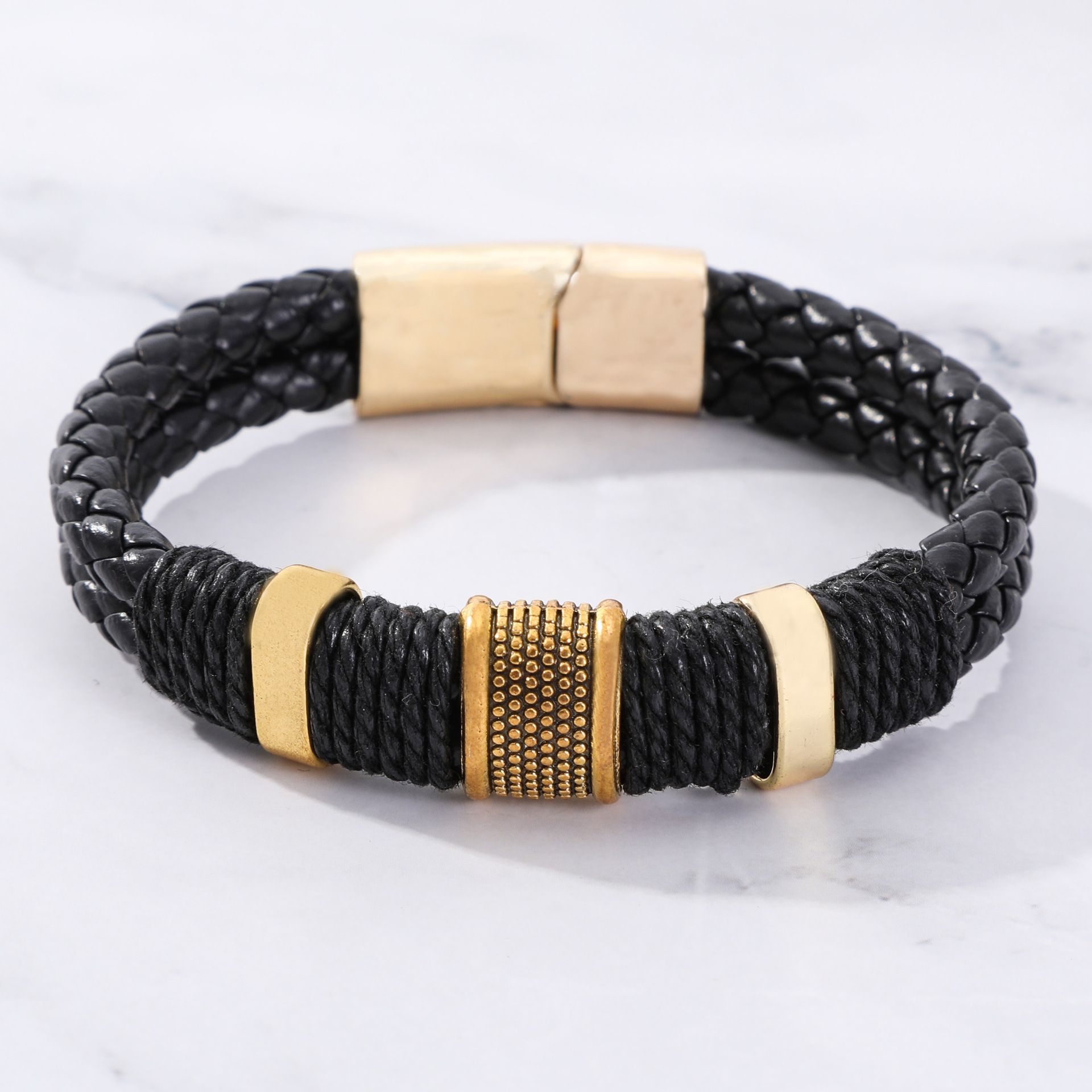 Vintage Woven Leather Rope Wrap Bracelets For Men Classic Stainless Steel Bangles Bracelets Punk Wristband Jewelry Male Gifts A-2023