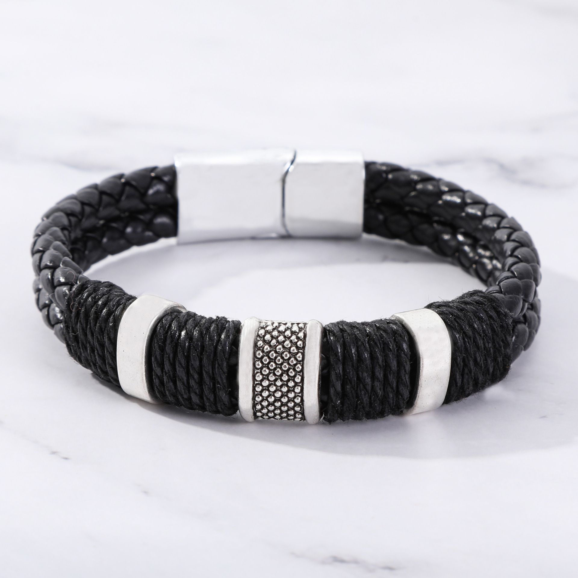 Vintage Woven Leather Rope Wrap Bracelets For Men Classic Stainless Steel Bangles Bracelets Punk Wristband Jewelry Male Gifts A-2023
