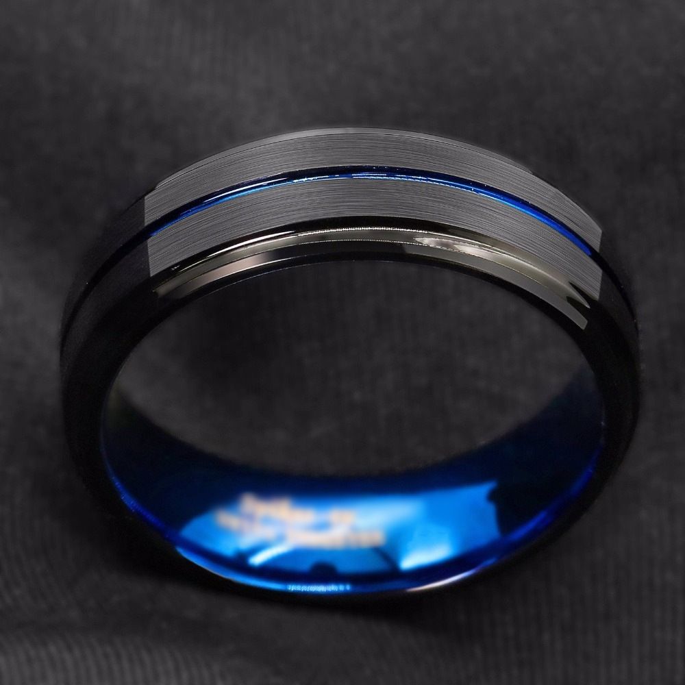Steel black slotted ring, inner blue men's fashion ring A-1225