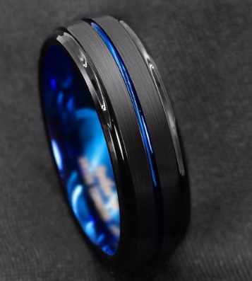 Steel black slotted ring, inner blue men's fashion ring A-1225