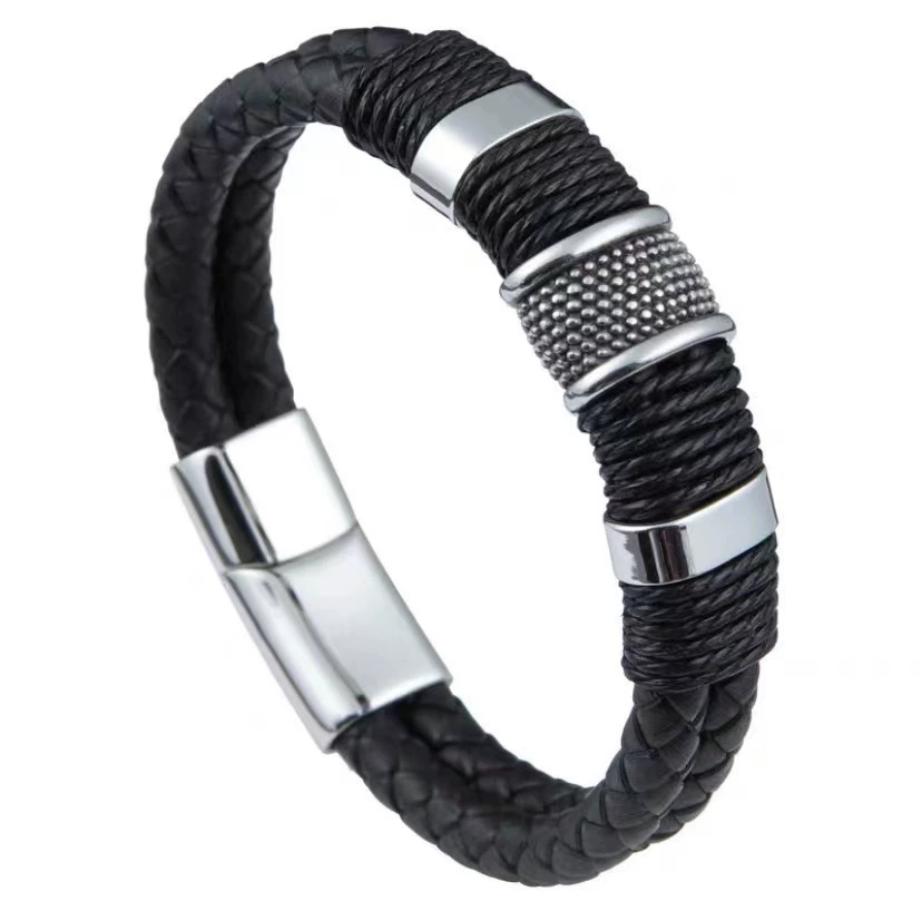 Vintage Woven Leather Rope Wrap Bracelets For Men Classic Stainless Steel Bangles Bracelets Punk Wristband Jewelry Male Gifts A-2023