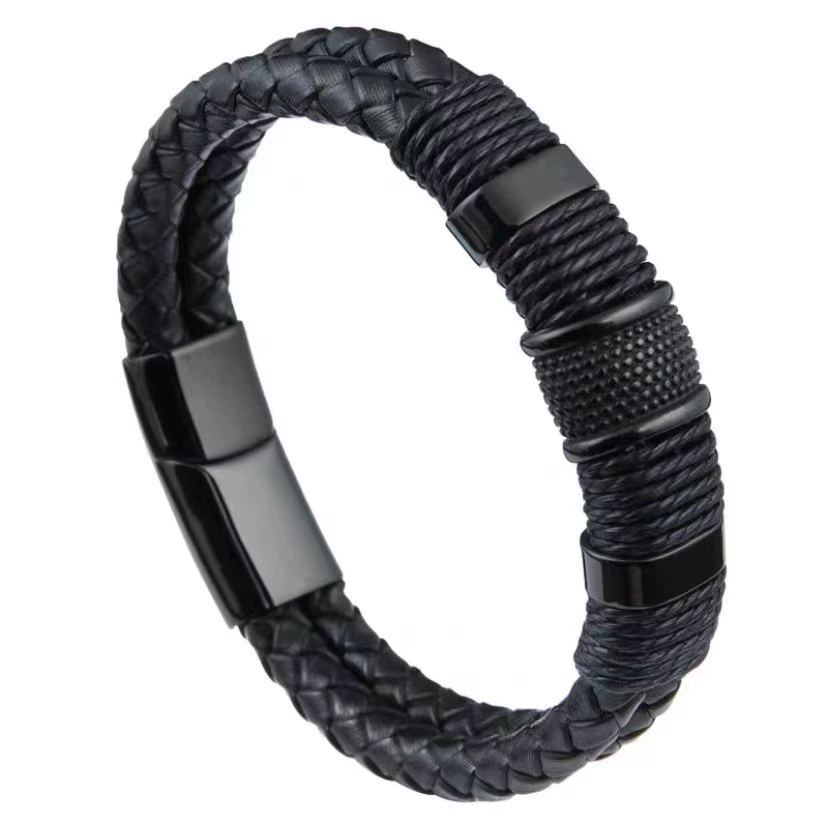 Vintage Woven Leather Rope Wrap Bracelets For Men Classic Stainless Steel Bangles Bracelets Punk Wristband Jewelry Male Gifts A-2023