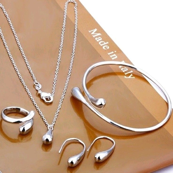 925 silver plated jewelry set bracelet necklace rings Oval Drop Earring SHT-103