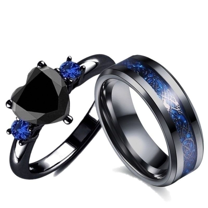 Popular Couple Romantic Couple Ring Fashion Jewelry Anniversary Wedding Black Heart Cubic Zirconia Ring Set Lover Gift A-1472
