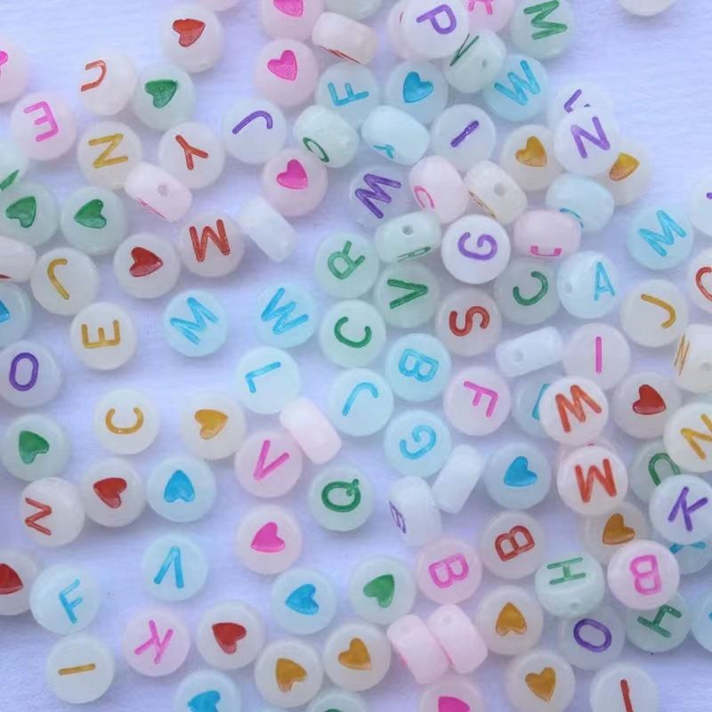100pcs Acrylic Luminous Beads Glow At Night Letters Thermal Spacer Beads Handmade Bracelet Necklace Diy Accessories 7mm C-134