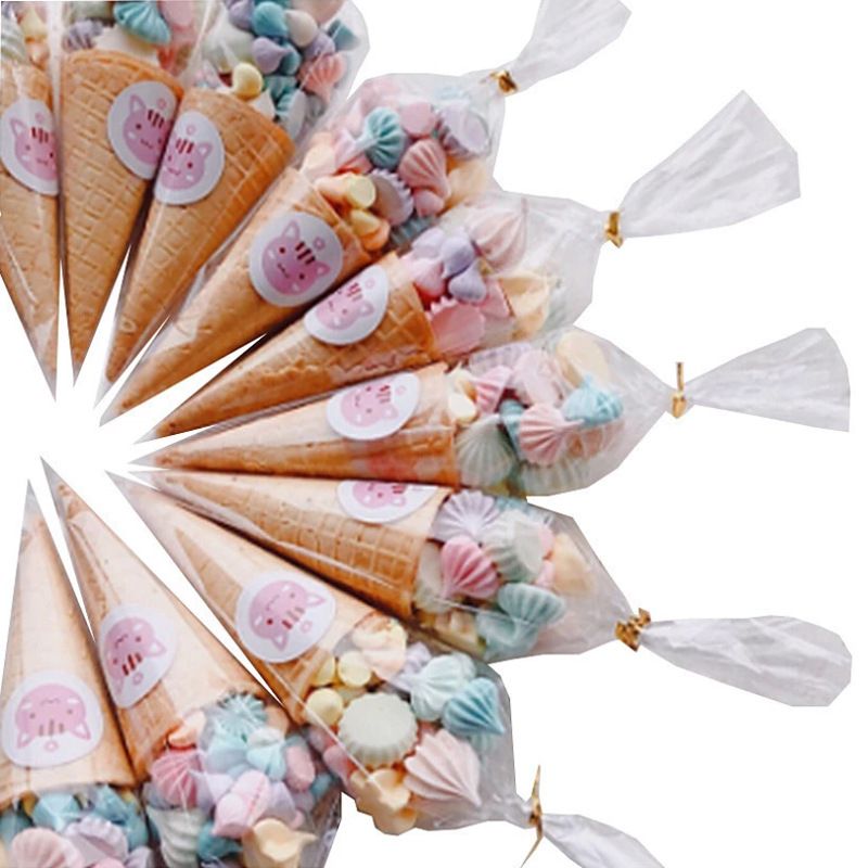 100pcs transparent plastic triangle ice cream cone candy popcorn bag with kink gift bag wedding birthday party decoration  
C-283
