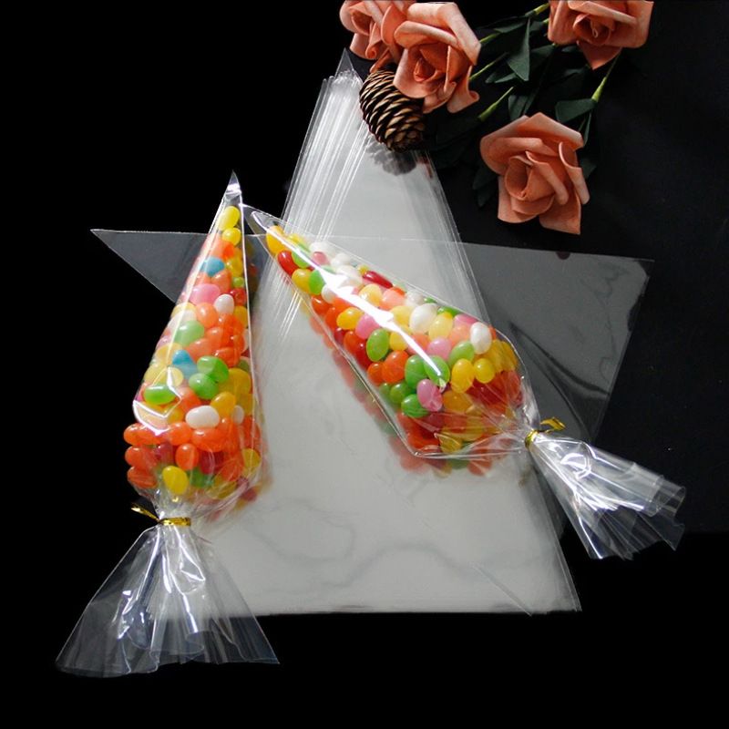 100pcs transparent plastic triangle ice cream cone candy popcorn bag with kink gift bag wedding birthday party decoration  
C-283