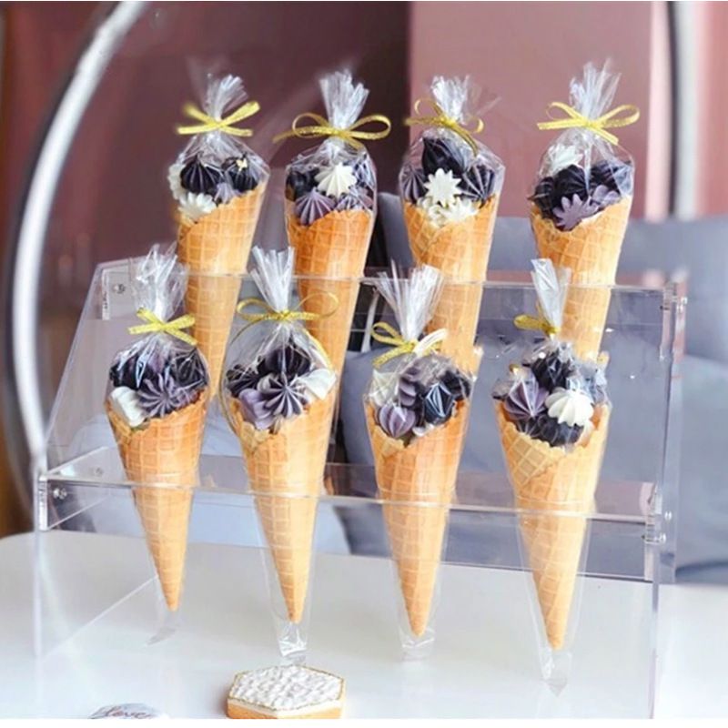 100pcs transparent plastic triangle ice cream cone candy popcorn bag with kink gift bag wedding birthday party decoration  
C-283