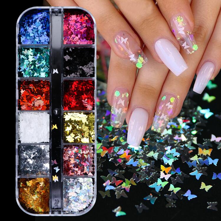 3D Butterfly Slice Nail Sequins Flakes Holographic Iridescent Glitter Nail Art Decoration Colorful Manicure 12 in 1 Set B2-357