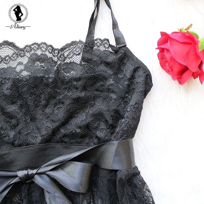 Sexy Babydoll Lingerie Erotic Women Black Lace Plus Size Costume Sleepwear Dress Transparent Hollow-out Chemise Underwear FZ-103-1