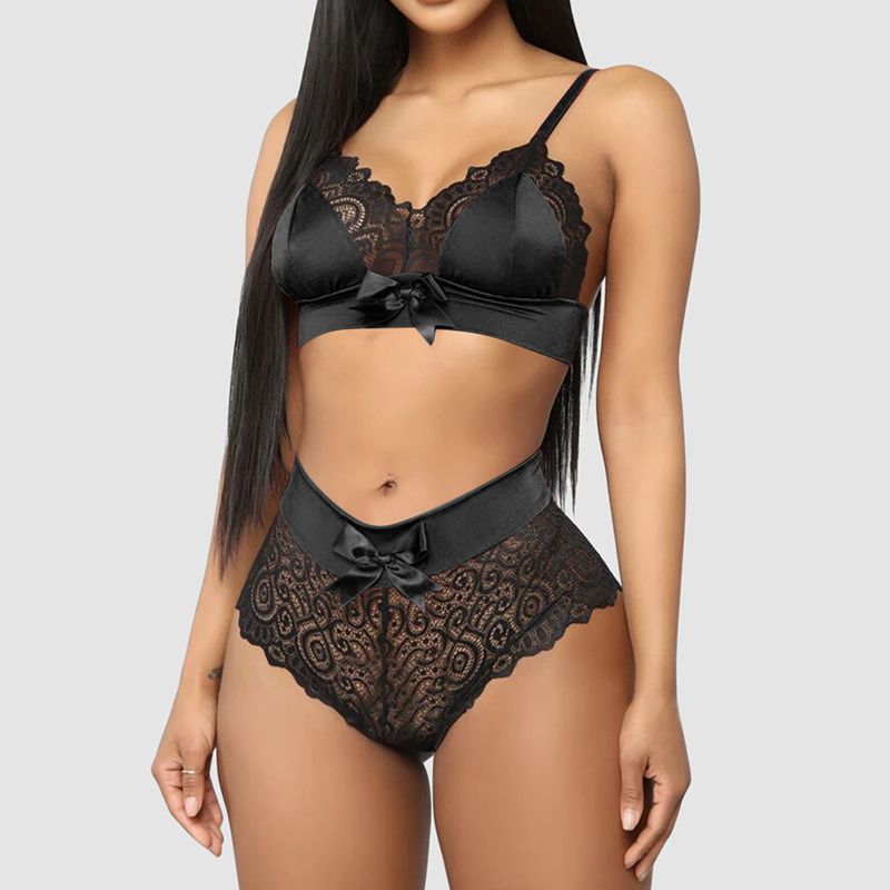 Red Satin Bowknot Bra Set Women Lace Floral Nightwear Sexy Lingerie Set Seamless Push Up Bra Panties Set Sexy Crop Top Underwear FZ-323
