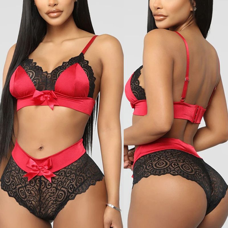 Red Satin Bowknot Bra Set Women Lace Floral Nightwear Sexy Lingerie Set Seamless Push Up Bra Panties Set Sexy Crop Top Underwear FZ-323