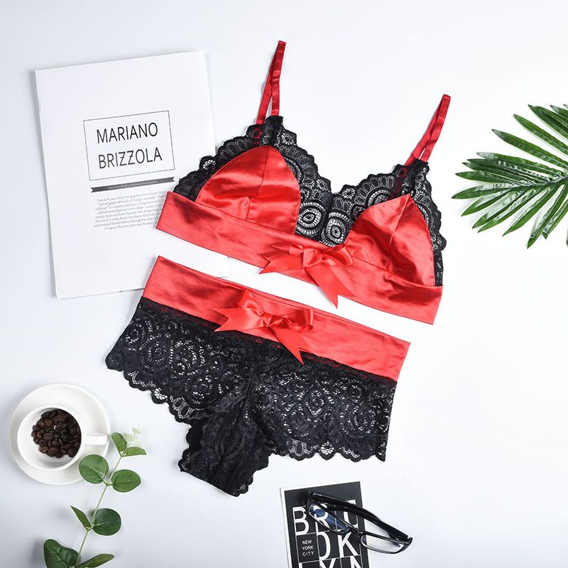 Red Satin Bowknot Bra Set Women Lace Floral Nightwear Sexy Lingerie Set Seamless Push Up Bra Panties Set Sexy Crop Top Underwear FZ-323